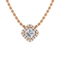 Rose gold chain necklace with a square diamond pendant surrounded by small round diamonds.