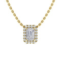 Gold chain necklace with a rectangular diamond pendant surrounded by smaller round diamonds on a white background.