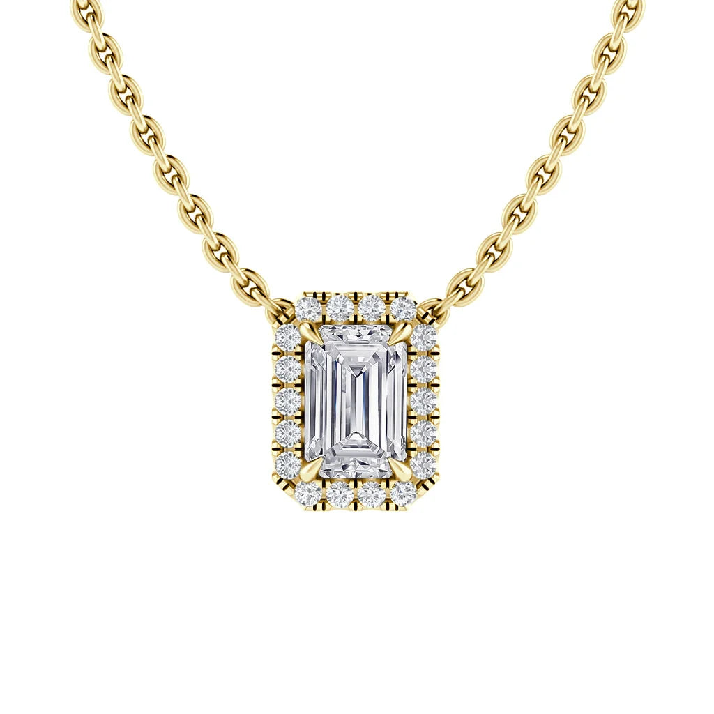 Gold chain necklace with a rectangular diamond pendant surrounded by smaller round diamonds on a white background.