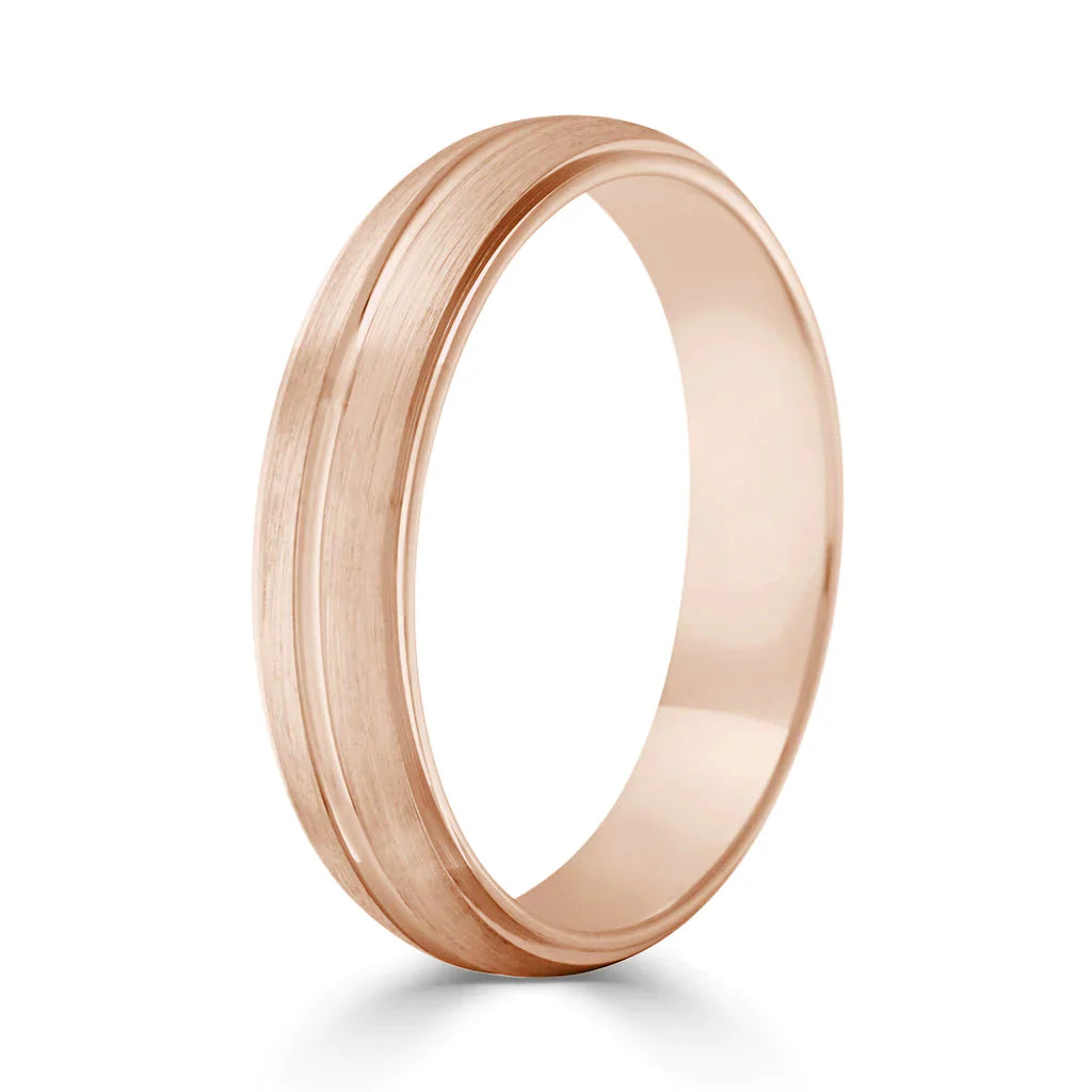 A simple rose gold ring with a brushed finish and a subtle groove around the center, shown on a white background.