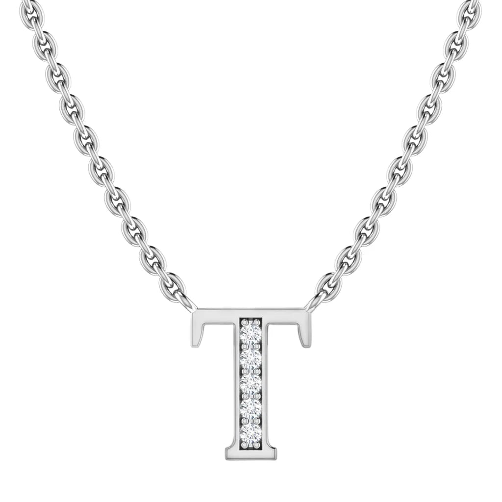 Silver chain necklace with a capital letter T pendant encrusted with small clear gemstones.