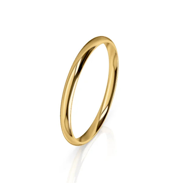 A simple, thin gold band ring with a smooth, polished finish on a white background.