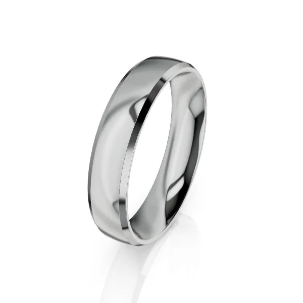 A polished, silver metal wedding band with a smooth, rounded surface on a plain white background.