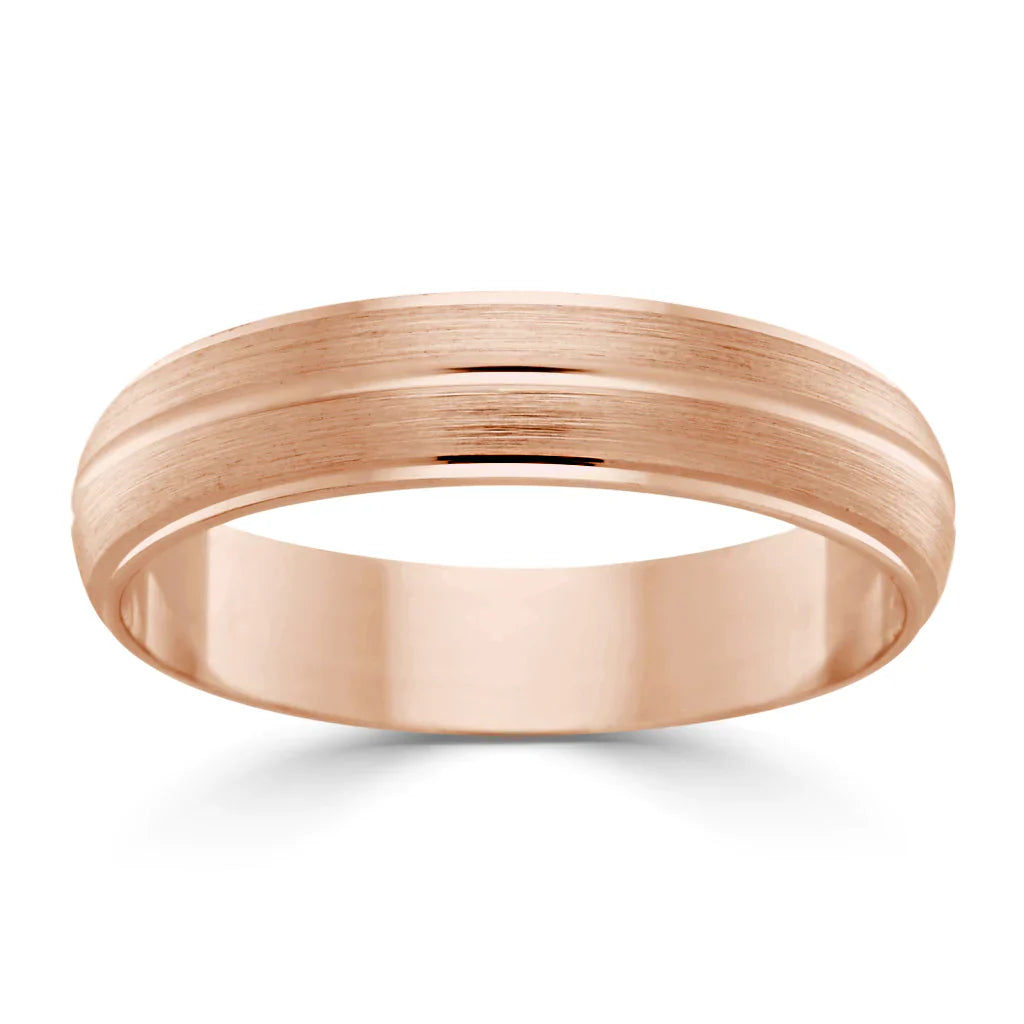 A simple rose gold ring with a brushed center band and polished beveled edges on a white background.