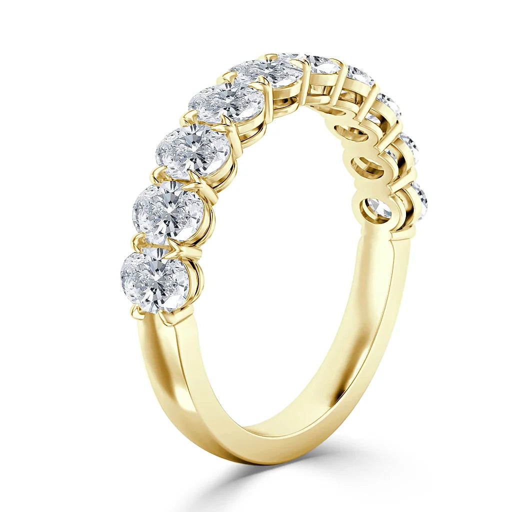 A gold ring featuring a row of round, sparkling diamonds set along the top of the band.