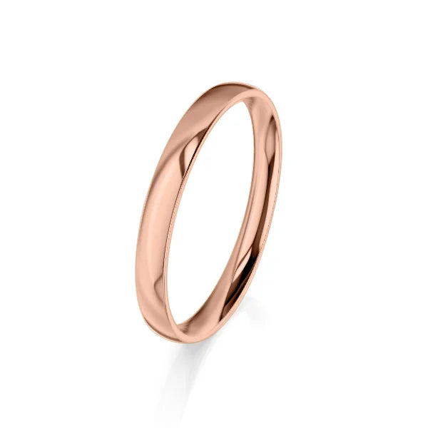 A simple, polished rose gold wedding band with a smooth, shiny surface on a white background.