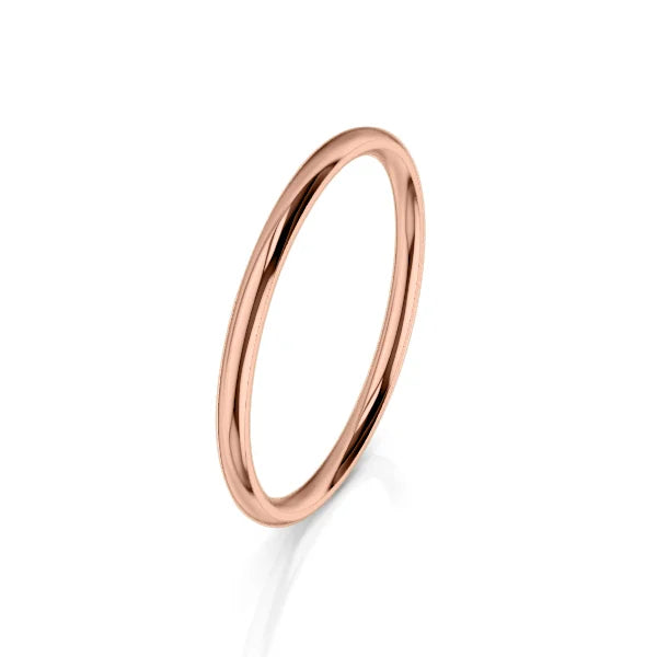 A thin, polished rose gold ring with a smooth, round band on a white background.