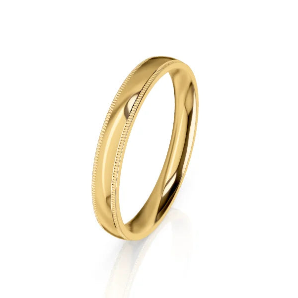 A slim gold wedding band with a polished finish and subtle milgrain detailing along the edges.