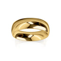 A shiny, plain gold wedding band with a smooth, polished surface on a white background.