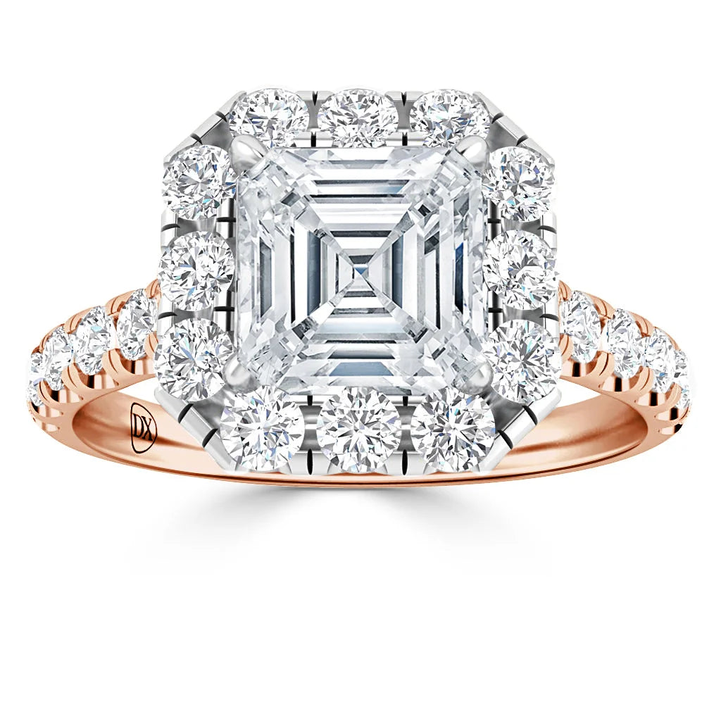 Asscher-cut diamond ring with round diamond halo and rose gold band, encrusted with diamonds.
