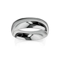 Shiny, plain silver metal band ring with a smooth, curved surface on a white background.