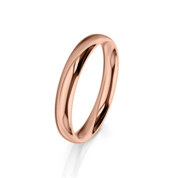 A simple, polished rose gold wedding band is displayed against a plain white background.