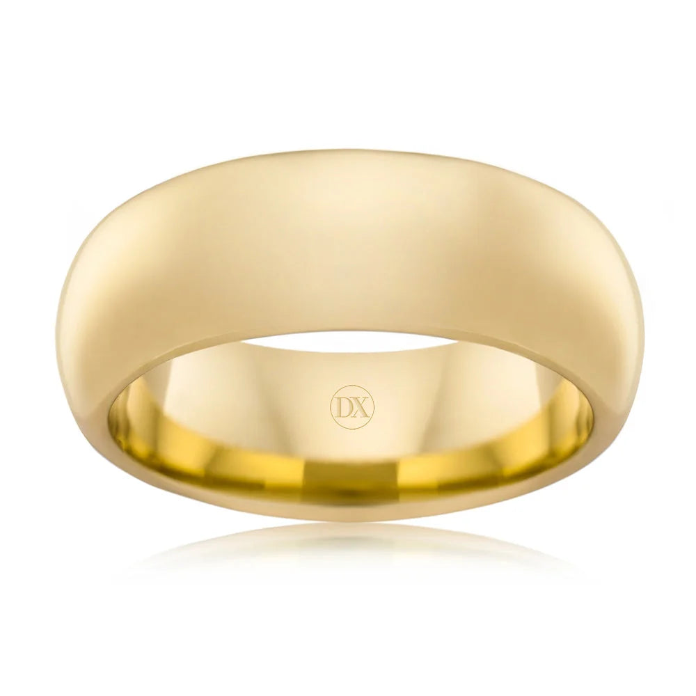 A plain, polished yellow gold wedding band with a smooth, rounded surface and reflective finish.