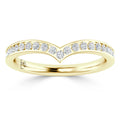 Gold chevron-shaped ring with small round diamonds set along the top curve, viewed from the front.