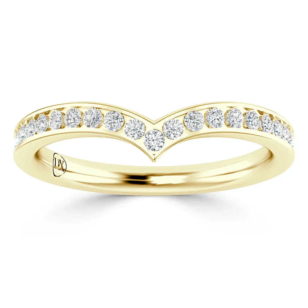 Gold chevron-shaped ring with small round diamonds set along the top curve, viewed from the front.