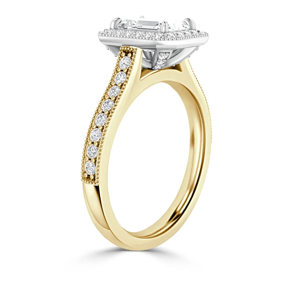 Gold ring with side diamonds, a raised oval center stone, and a detailed, diamond-studded basket setting.
