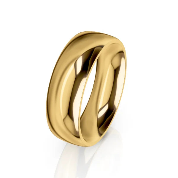 A wide, shiny gold ring with a smooth, rounded surface on a white background.