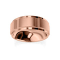Wide rose gold men’s ring with a flat brushed center and polished beveled edges, reflecting light.