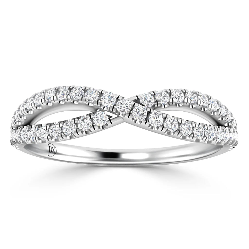 Silver infinity-shaped ring with two rows of small round diamonds set along the looping design.