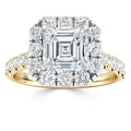 A gold ring with an Asscher-cut diamond center, surrounded by a halo and band of round diamonds.