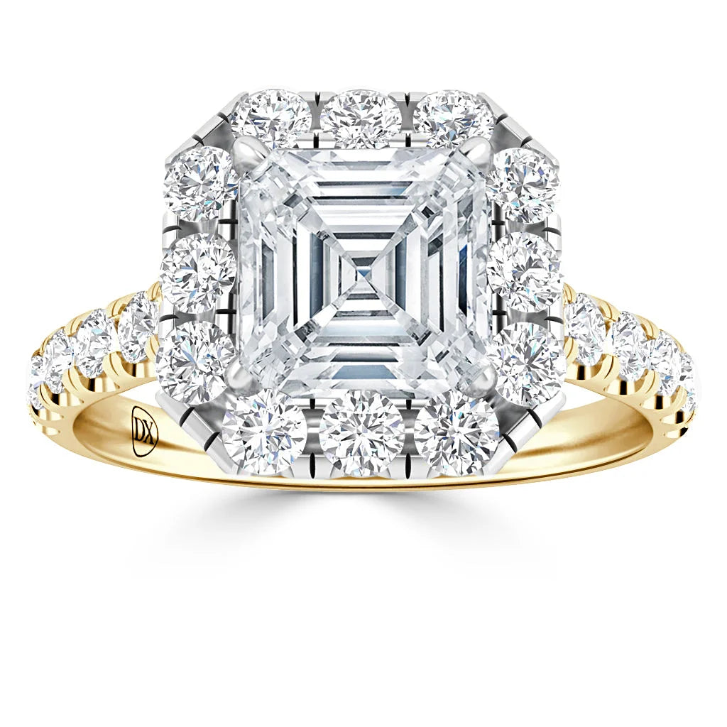 A gold ring with an Asscher-cut diamond center, surrounded by a halo and band of round diamonds.