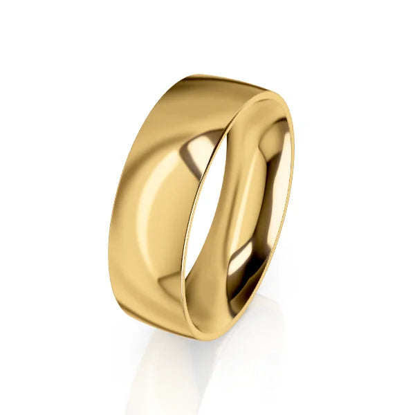 A plain, polished yellow gold ring with a smooth, rounded surface, shown on a white background.