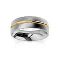 A silver band ring with a slim, diagonal gold stripe across the center on a white background.