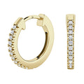 Gold hoop earrings with a row of small round diamonds set along the front outer edge.