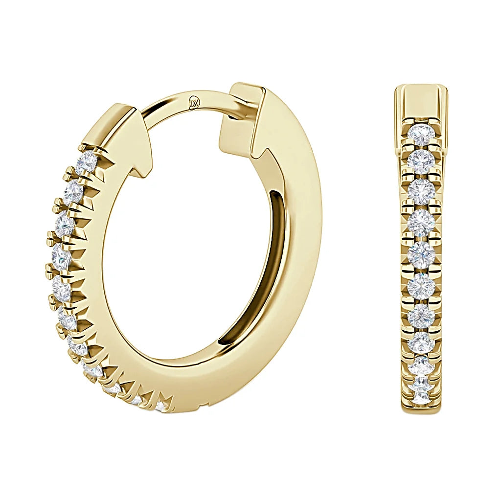 Gold hoop earrings with a row of small round diamonds set along the front outer edge.