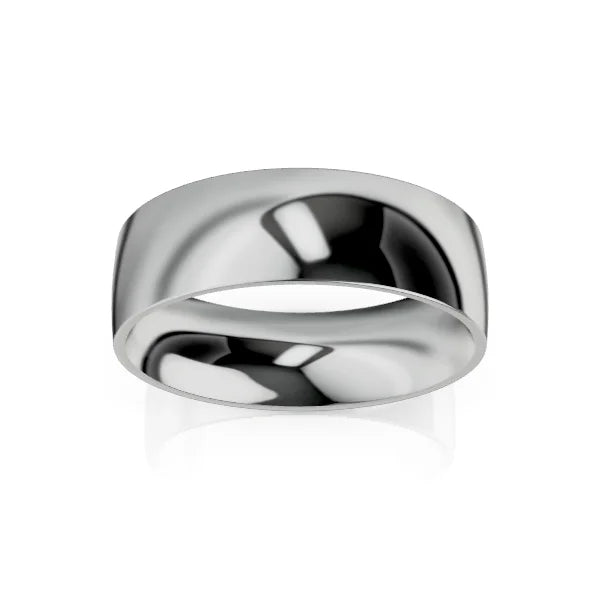 A plain, polished silver ring with a smooth, reflective surface on a white background.