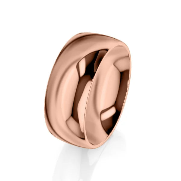 Wide, polished rose gold ring with rounded edges, shown on a white background.