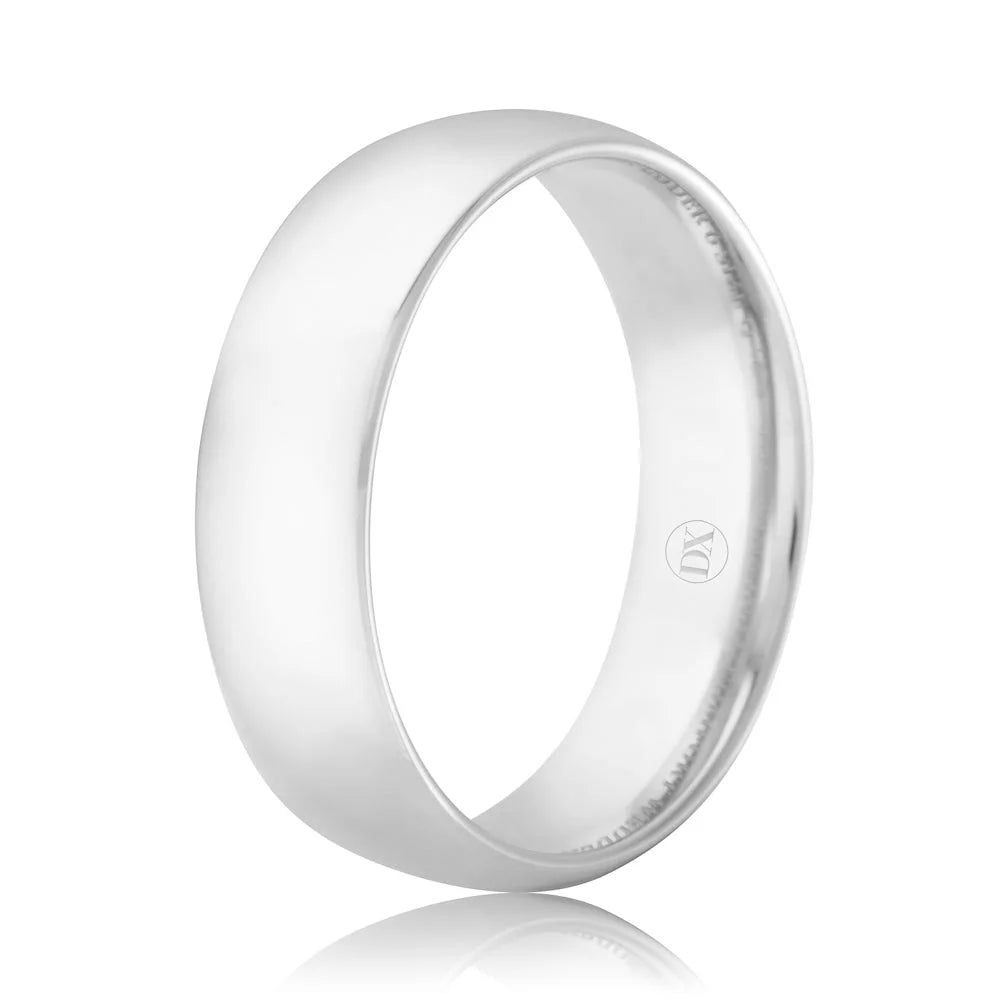 A plain, polished silver wedding band with a rounded edge, shown on a white background.
