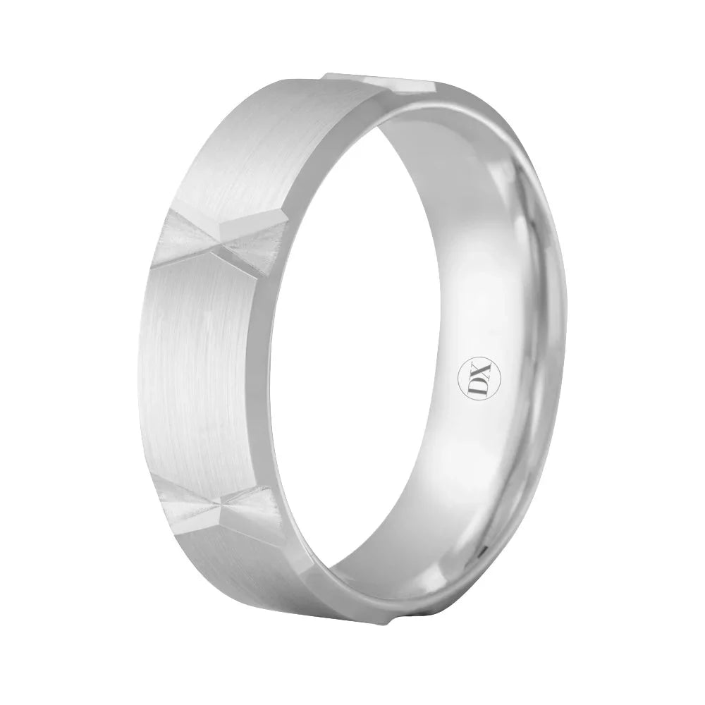 Matte silver ring with subtle geometric notches and a small engraved logo inside the band.