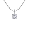 Silver chain necklace with a square-cut diamond pendant and small round diamonds on the bail, on white background.