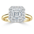 Gold band ring with a large square diamond center, surrounded by a double halo of smaller round diamonds.