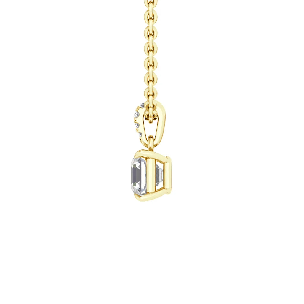 Gold chain with a rectangular clear gemstone pendant in a gold setting, featuring a small loop with tiny gems.