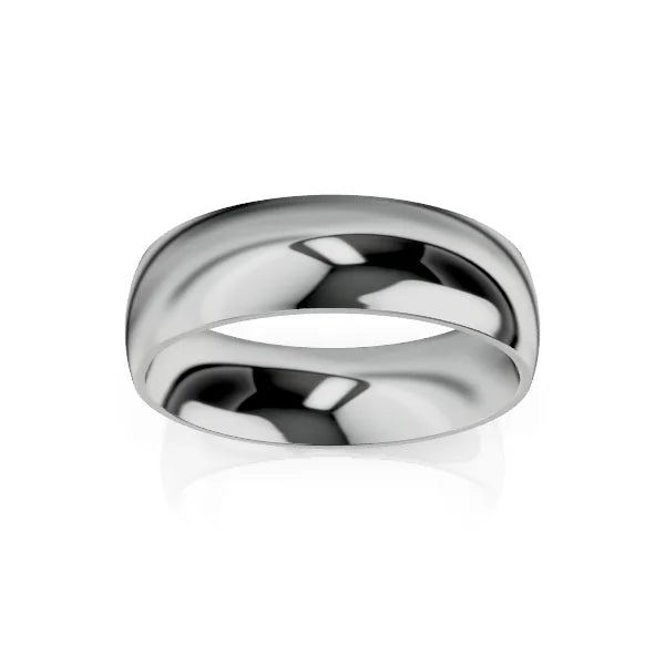 A plain, polished silver ring with a smooth, rounded surface on a white background.
