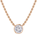 Rose gold chain necklace with a round, bezel-set solitaire diamond pendant centered on a white background.