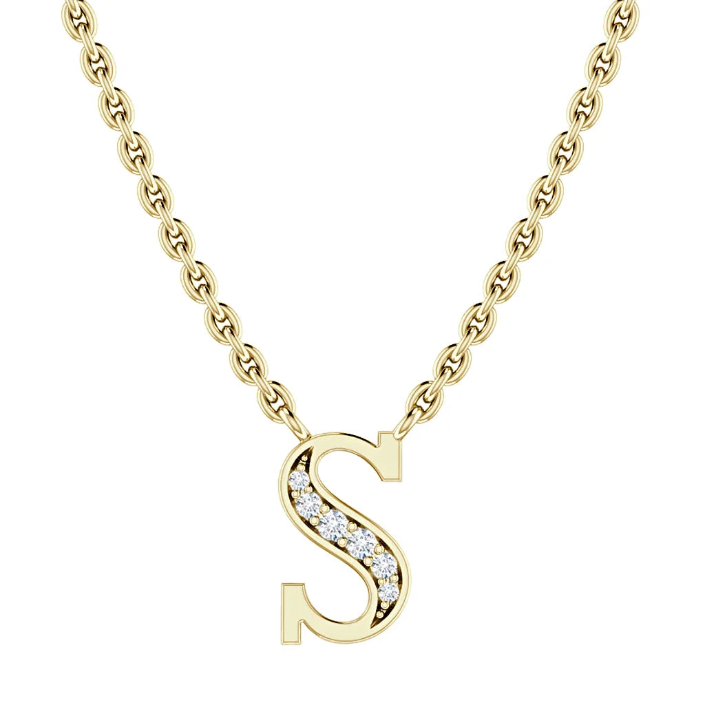 Gold chain necklace with an S pendant, partially encrusted with small white diamonds.