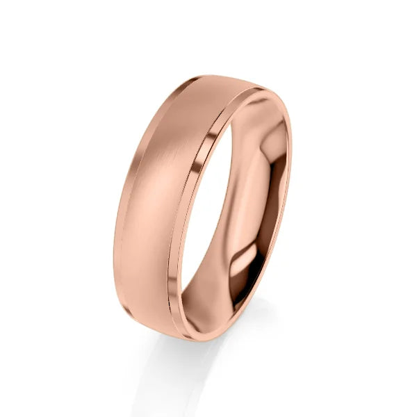 A plain rose gold wedding band with a brushed matte center and polished edges, shown on a white background.