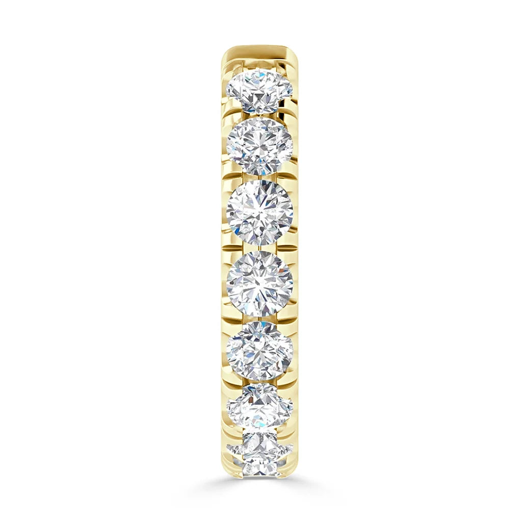 A gold ring set with a row of sparkling round diamonds in a channel setting, viewed from the front.
