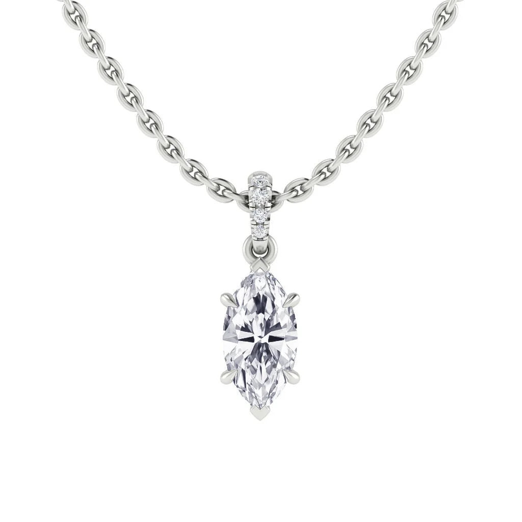 A silver chain necklace with a marquise-cut diamond pendant, accented by small round diamonds on the bail.