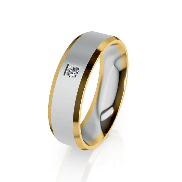 Gold and silver band ring with a single diamond set in the center, shown on a white background.