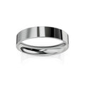 A plain, polished silver metal band ring is shown on a white background, with light reflecting on its surface.