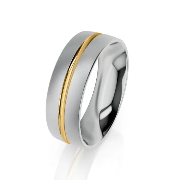 A silver ring with a single gold stripe running diagonally across its smooth, matte surface.