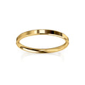 Thin, polished gold band ring with a smooth surface, photographed on a white background with a faint reflection.