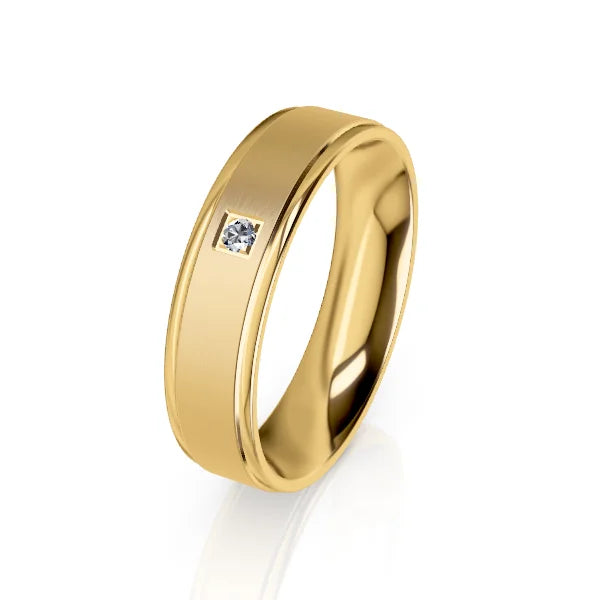 A gold ring with a smooth matte band and a single small round diamond set in a square setting.