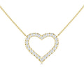 Gold chain necklace with a diamond-studded open heart pendant centered on a white background.
