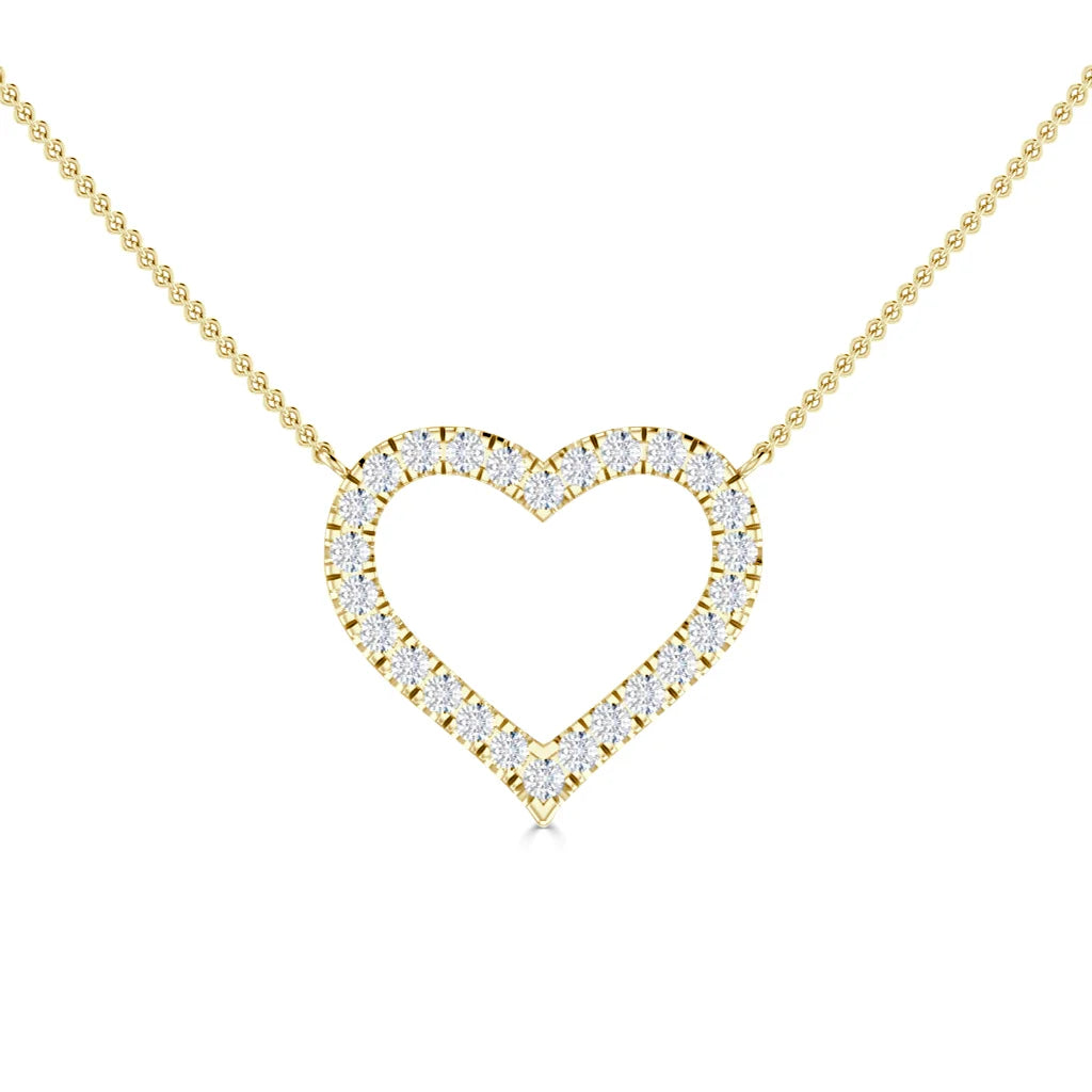 Gold chain necklace with a diamond-studded open heart pendant centered on a white background.