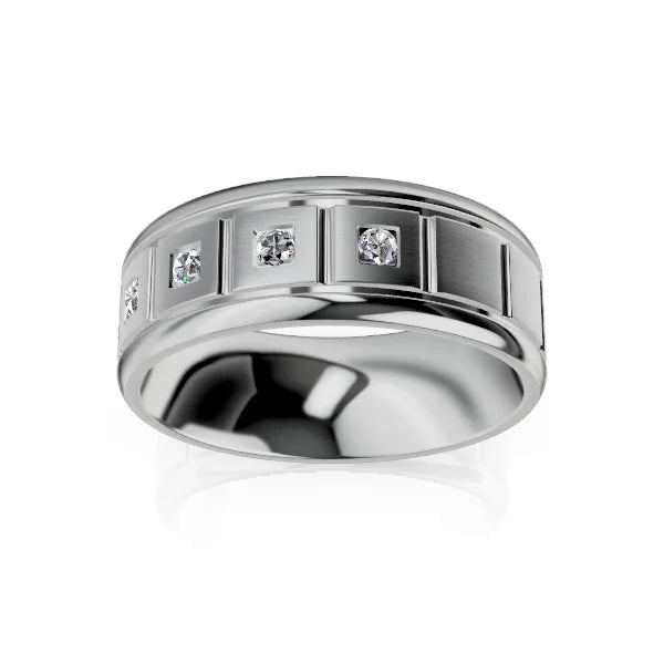 A silver band ring with square grooves, each set with a round diamond, on a white background.